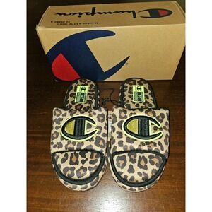 CHAMPION Women's Plush Print Slide Slippers sz 7 Black‎ Leopard Print